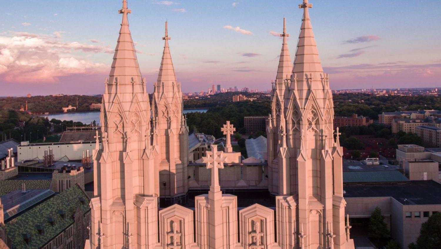 aerial view of Gasson Hall spires